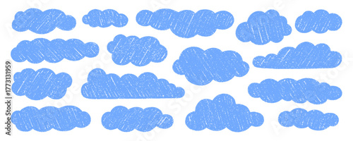 Chalk pencil clouds doodle set. Childish crayon sky, Pastel kids sketch. Grunge texture. Hand drawn vector illustration isolated on white background