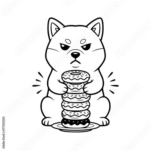 Protective Shiba Inu guarding a stack of donuts, coloring book page for toddlers Generative AI