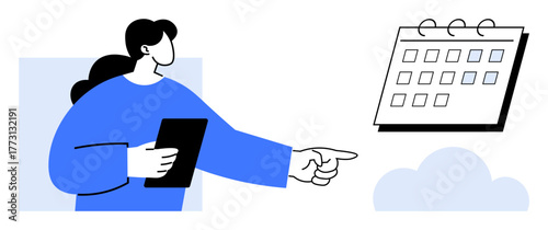 Person holding tablet and pointing at a calendar to prioritize tasks, representing planning, time management, teamwork. Ideal for scheduling, productivity, organization, deadlines, focus planning