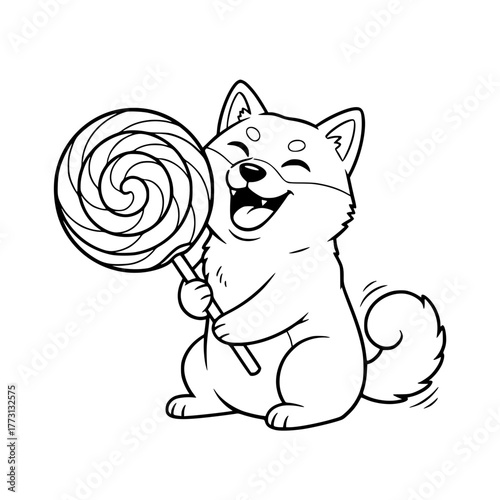 Delighted Shiba Inu holding giant lollipop, coloring book page for toddlers Generative AI