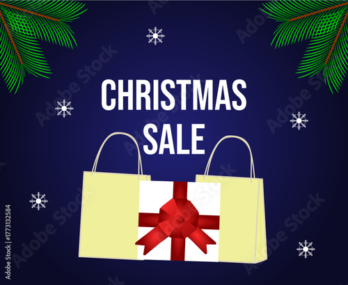 Banner for Christmas sales with the inscription "Christmas sale", gift box and bags. Colorful banner with fir branches and snowflakes on a dark blue background