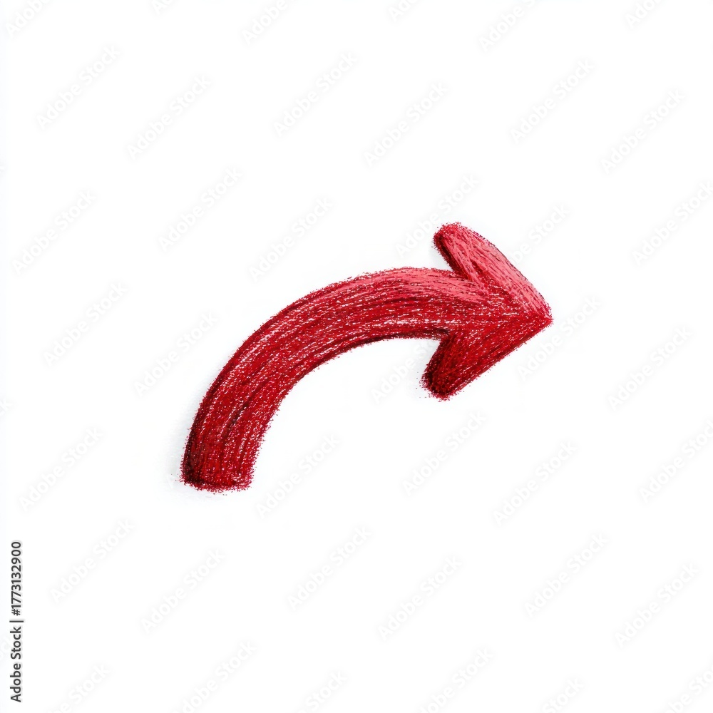 Fototapeta premium A vibrant red, textured arrow curving to the right against a clean, stark white background.