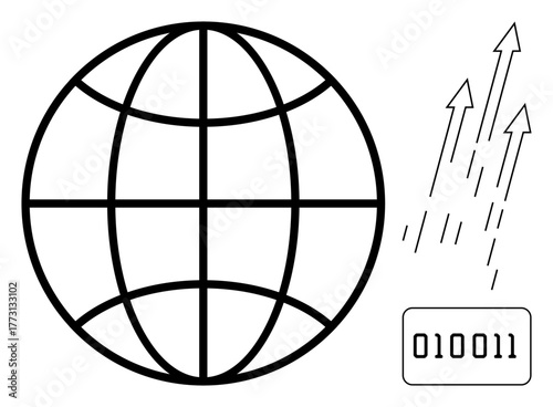 Globe with grid lines, upward arrows indicating progress, and binary code. Ideal for technology, networking, innovation, progress, communication, globalization and a simple flat metaphor