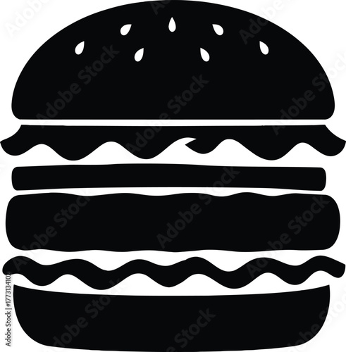 Black Silhouette Icon of a Double Cheeseburger with Sesame Seeds on Bun hamburger