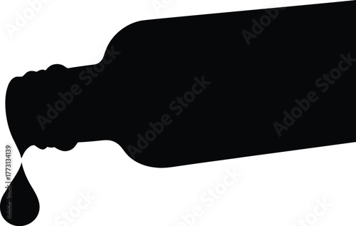 Black silhouette of a bottle pouring a single drop of liquid spill
