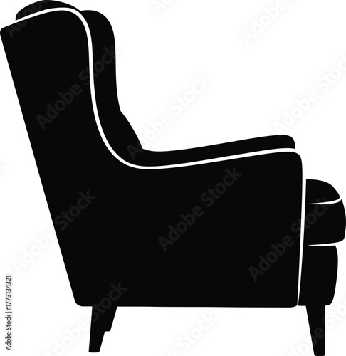 Black silhouette of a wingback armchair on a white background furniture upholstered