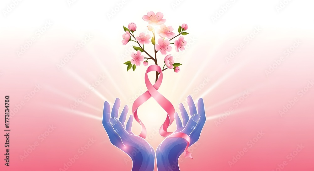 Obraz premium Two glowing hands holding a pink ribbon growing into blooming flowers — symbol of breast cancer awareness, healing, hope, and new life on radiant pink background.