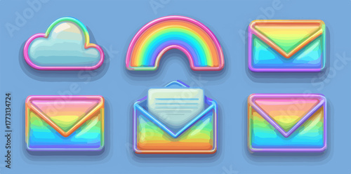 Icone arcobaleno stilizzate per messaggi e comunicazioni digitali con sfumature vivaci.