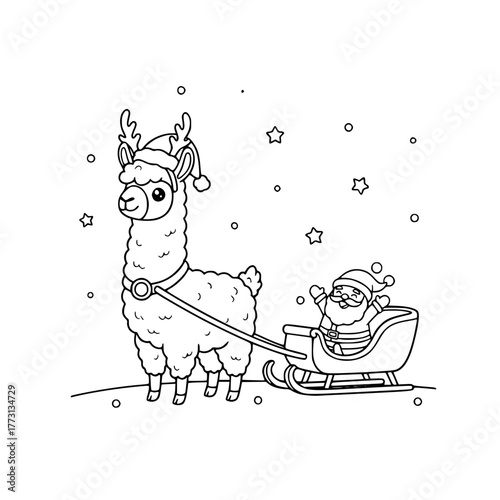 Llama dressed as reindeer pulling sleigh with Santa, coloring book page for toddlers Generative AI