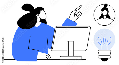 Woman at desk interacting with desktop screen, pointing at ideas. Portrait of colleague in circle and glowing light bulb nearby. Ideal for teamwork, education, creativity, online communication