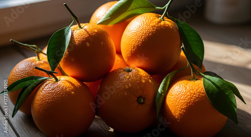 Vibrant Fresh Oranges with Green Leaves and Water Drops in Natural Light Still Life