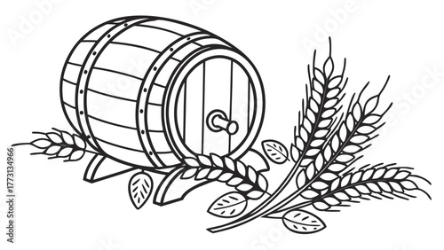 Vintage beer barrel with wheat vector drawing for brewery pub or oktoberfest design element illustration