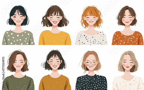 Collezione di ritratti vettoriali di donne sorridenti con diverse acconciature e maglioni colorati.