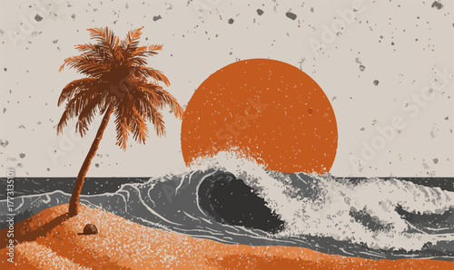 Tramonto tropicale su un'isola deserta con un'onda potente che si infrange sulla riva sabbiosa.