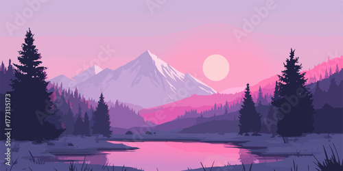 Un paesaggio montano stilizzato con un lago e alberi sotto un cielo rosa.