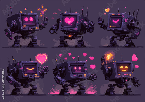 Robot con schermo e cuori esprime emozioni d'amore e affetto in sei pose diverse