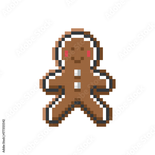 Gingerbread Man Pixel Art Icon. Cute Christmas Holiday Cookie Game Asset,  Retro Style UI Element.