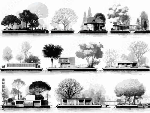 Illustrazioni vettoriali di isole con architetture moderne immerse nella natura e nel paesaggio