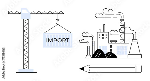 Crane hoisting import container near factory emitting smoke, symbolizing global trade, manufacturing, logistics, construction, innovation, supply chain, and production processes. Simple flat metaphor