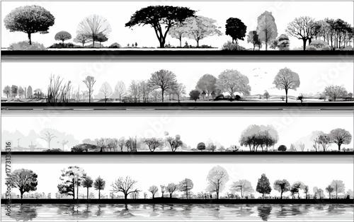 Vasta collezione di silhouette di alberi in bianco e nero su sfondi diversi, perfetti per progetti grafici.