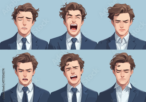 Espressioni facciali di un uomo d'affari che mostrano una gamma di emozioni umane.