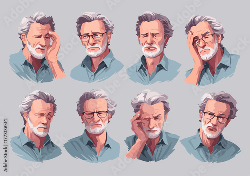 Espressioni facciali di un uomo anziano che manifesta stress, preoccupazione e stanchezza.