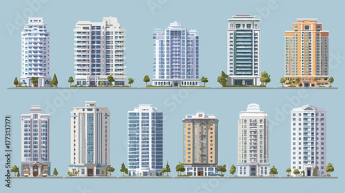 Una collezione di grattacieli residenziali moderni con architettura distintiva su sfondo blu