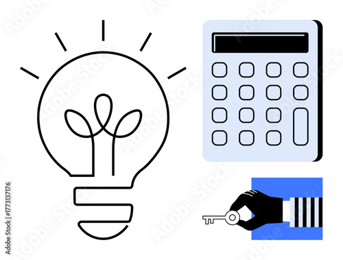 Lightbulb with sprouting plant inside symbolizes ideas, calculator signifies financial strategy, and hand holding key represents unlocking potential. Ideal for innovation, growth, strategy, success
