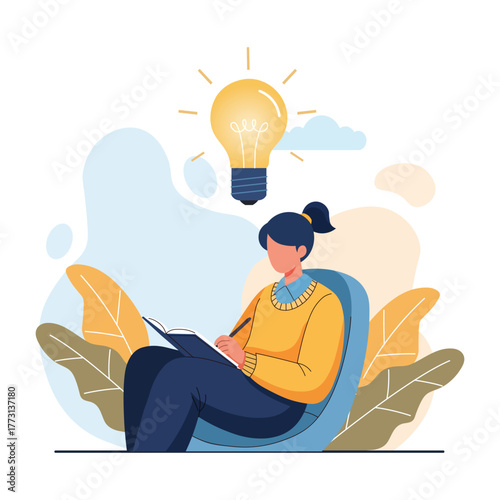 Woman sitting in a chair writing in a notebook with a light bulb above her head isolated on white background