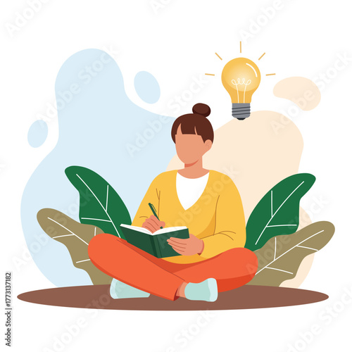 Woman sitting in a chair writing in a notebook with a light bulb above her head isolated on white background