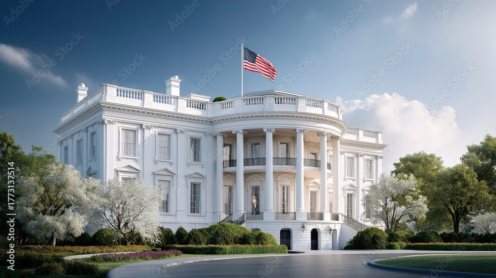 Naklejka premium The White House in Washington D.C. under bright sky with American flag symbolizing U.S. government, democracy, and political power, Generative AI