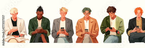 Un gruppo di giovani uomini alla moda utilizza smartphone con espressioni concentrate e diverse.