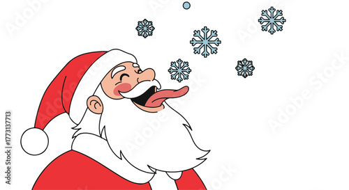 Funny Santa Claus enjoying snowflakes with his tongue out, Christmas illustration