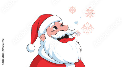 Funny Santa Claus with a beard and a hat catching snowflakes with his tongue