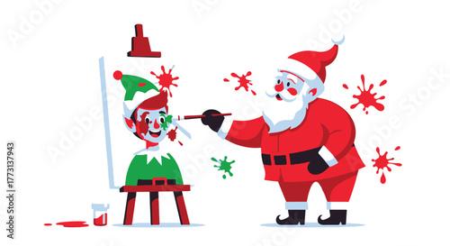 Funny Santa Painting an Elf's Face With Colorful Splashes of Paint