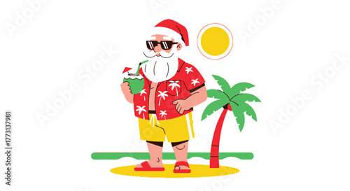 Funny Santa Claus on a Tropical Vacation with a Cocktail and Palm Tree