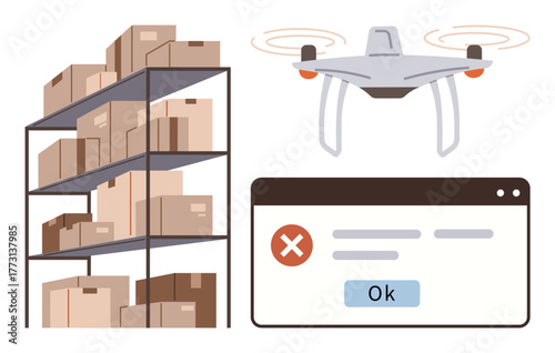 Stacked warehouse shelves beside a delivery quadcopter and a digital error message box. Ideal for logistics, automation, ecommerce, supply chain, innovation, delivery systems, technical issues