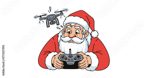 Funny Santa Claus struggling with a drone remote control, Christmas gift mishap
