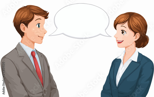 Due professionisti in conversazione con fumetti vuoti per il dialogo, comunicazione aziendale