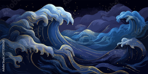 Onde marine stilizzate con riflessi dorati brillano sotto un cielo notturno stellato.