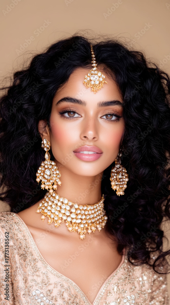 Fototapeta premium Elegant portrait featuring regal maang tikka and traditional jewelry