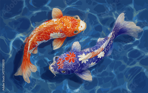 Due carpe koi colorate nuotano serenamente in acque blu scintillanti, simbolo di armonia e fortuna.
