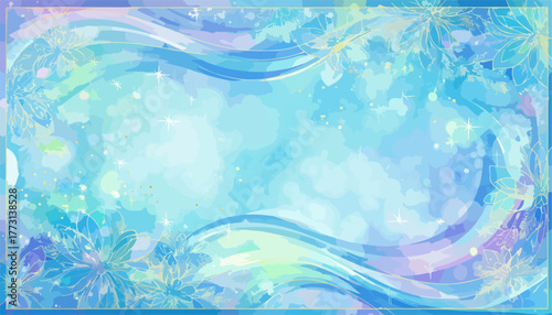 Cornice acquatica eterea con fiori stilizzati e onde scintillanti in tonalità pastello.