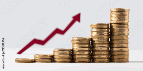 Le pile di monete d'oro che crescono progressivamente simboleggiano un aumento finanziario e il successo economico.