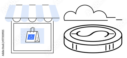 Storefront with striped awning displays a recyclable shopping bag. Nearby, a coin and a cloud symbolize economy and sustainability. Ideal for eco-commerce, retail innovation, environment, green