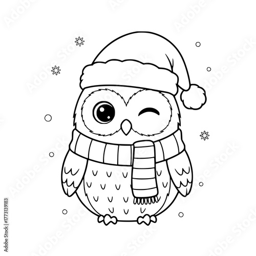 Winking owl wearing Santa hat and scarf, coloring book page for toddlers Generative AI