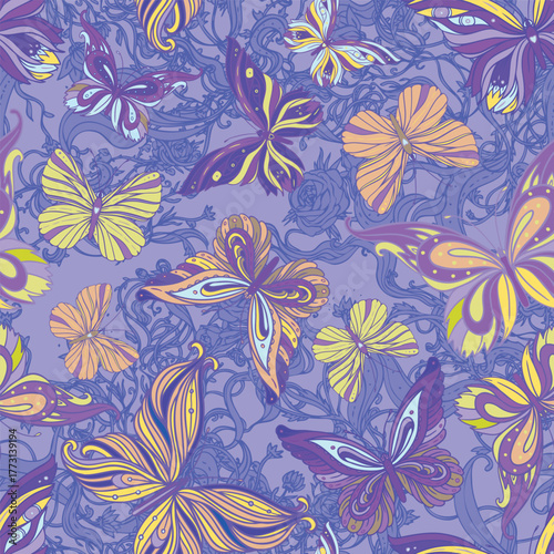 Seamless patterned butterfly background, vector illustration . Wallpaper, textile pattern design.