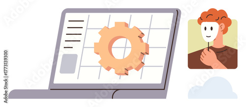 Laptop screen with gear icon, man holding a mask, grid interface. Ideal for technology, cybersecurity, personal identity, privacy, anonymity data management and online safety. Simple flat metaphor