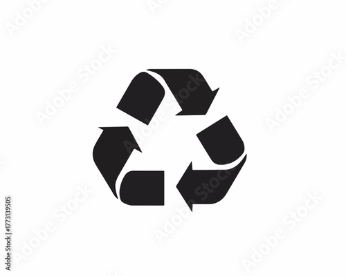 Simbolo universale del riciclo in grafica vettoriale nera su sfondo bianco.