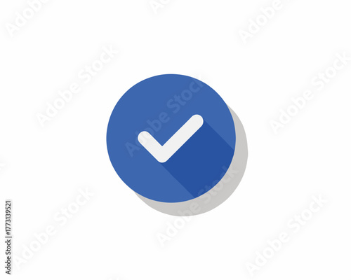 Simbolo di spunta blu piatto e stilizzato su sfondo bianco, approvazione e successo